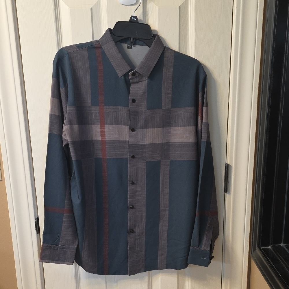 Men's Plaid Long Sleeve Shirt - Blue and Gray